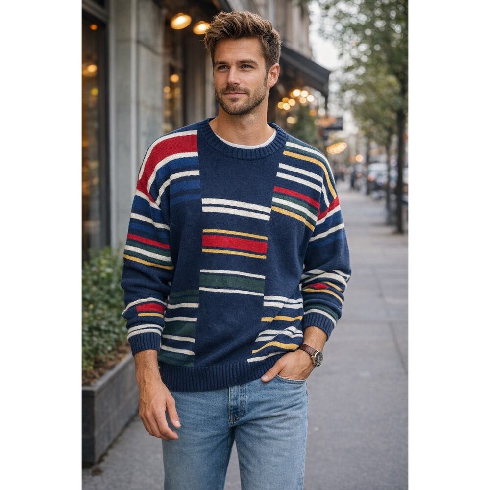 Chaps Ralph Lauren Vintage Navy Blue Preppy Men's Cotton Crewneck Sweater Size M